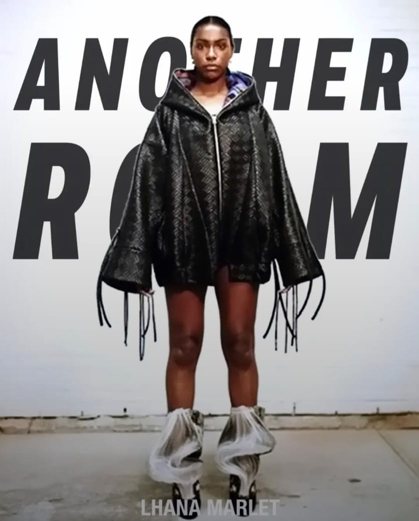 Another Room, Lhana Marlet: model in an oversized woven leather jacket